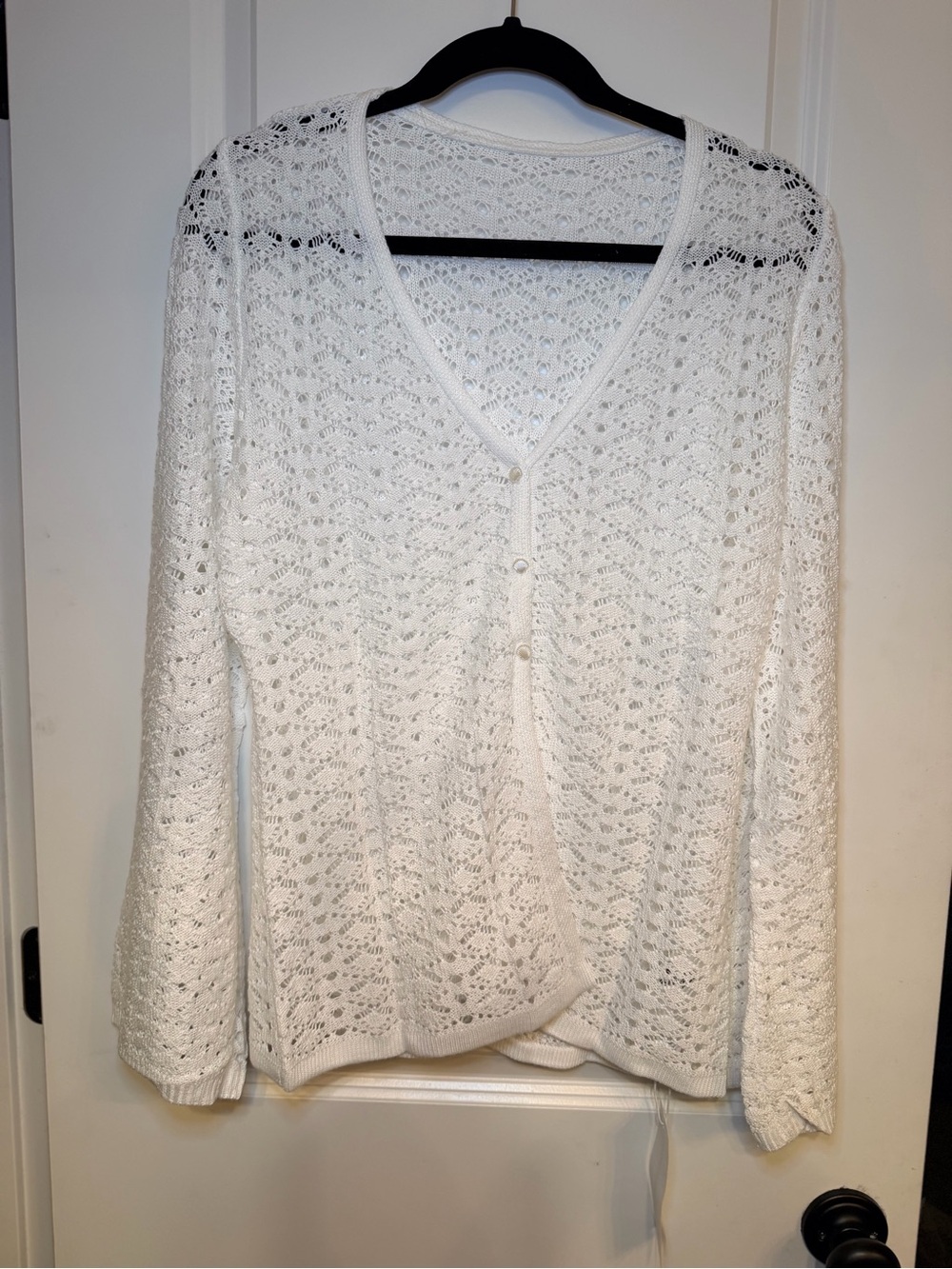 White Open-Knit V-Neck Button Cardigan and Skirt Set